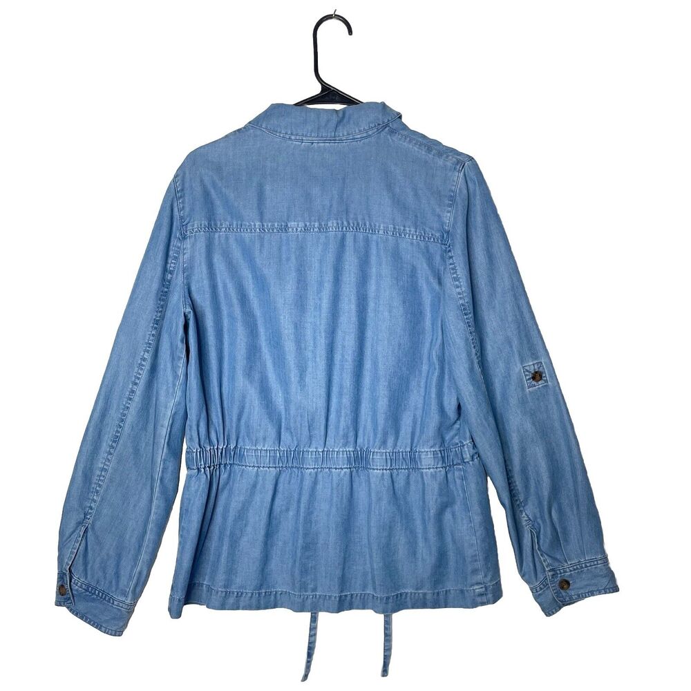 Womens Jacket Top Tie Front Button Lyocell‎ Chambray Denim Roll Tab Sleeve Sz M - Picture 2 of 9